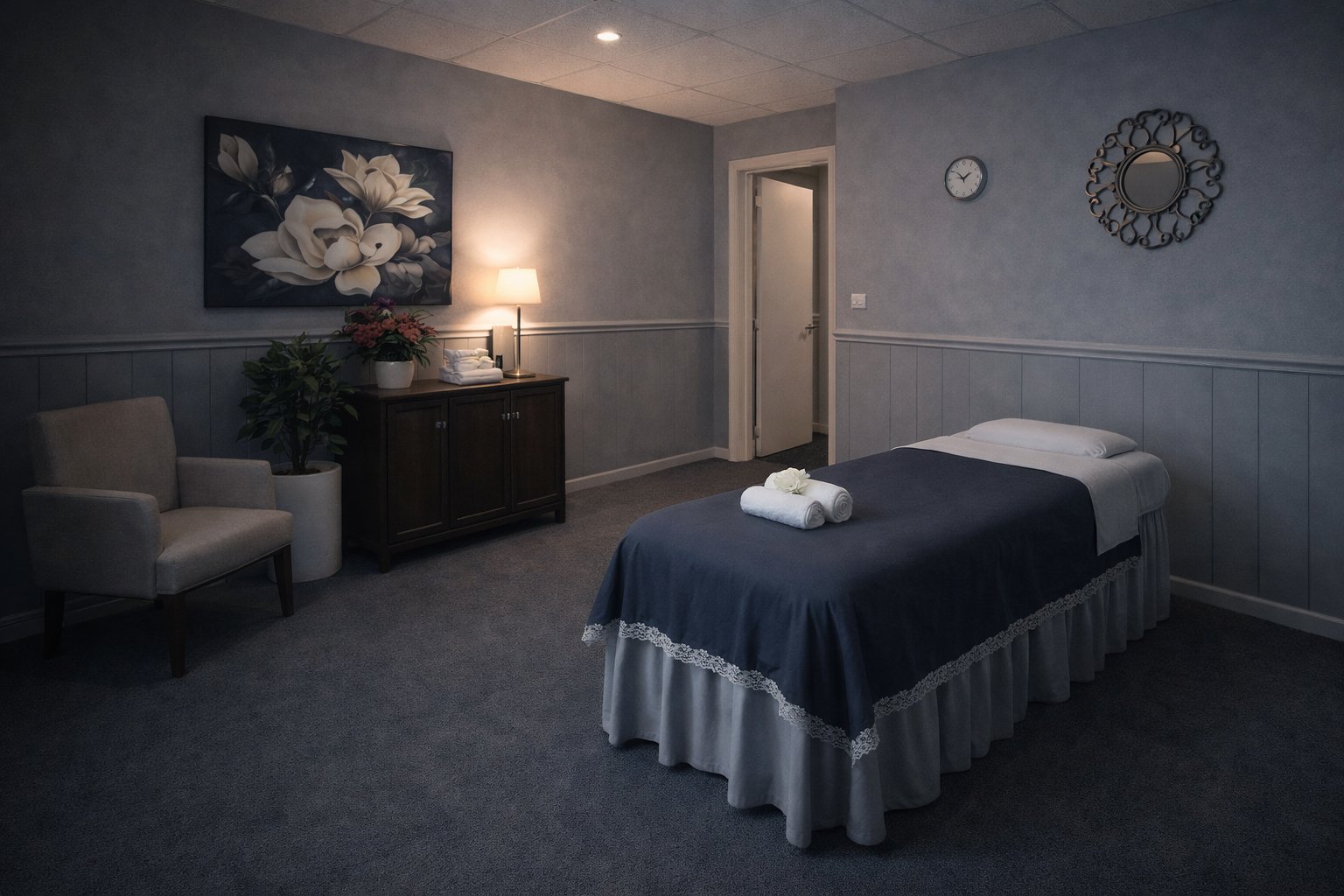 Private warm-lit massage room with single bed